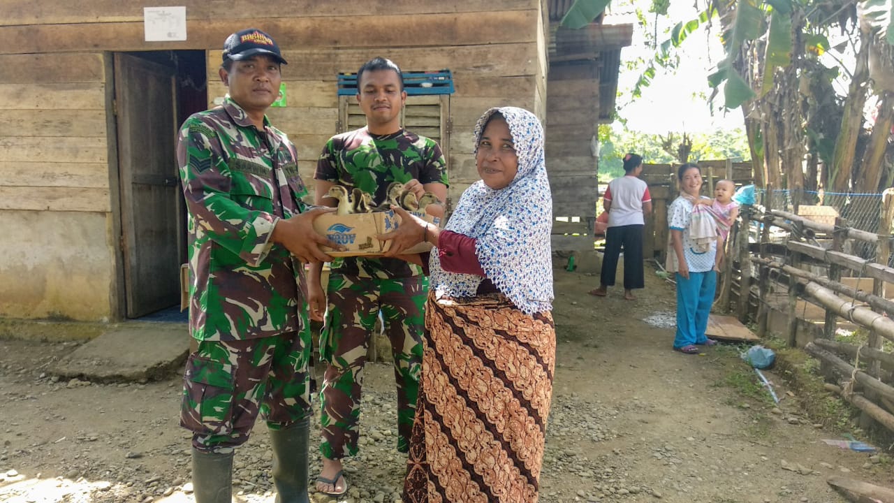Serka Sarwin Anggota Satgas Kodim 0105 Berikan Bantuan 20 Ekor Anak Bebek Kepada Warga Kurang Mampu