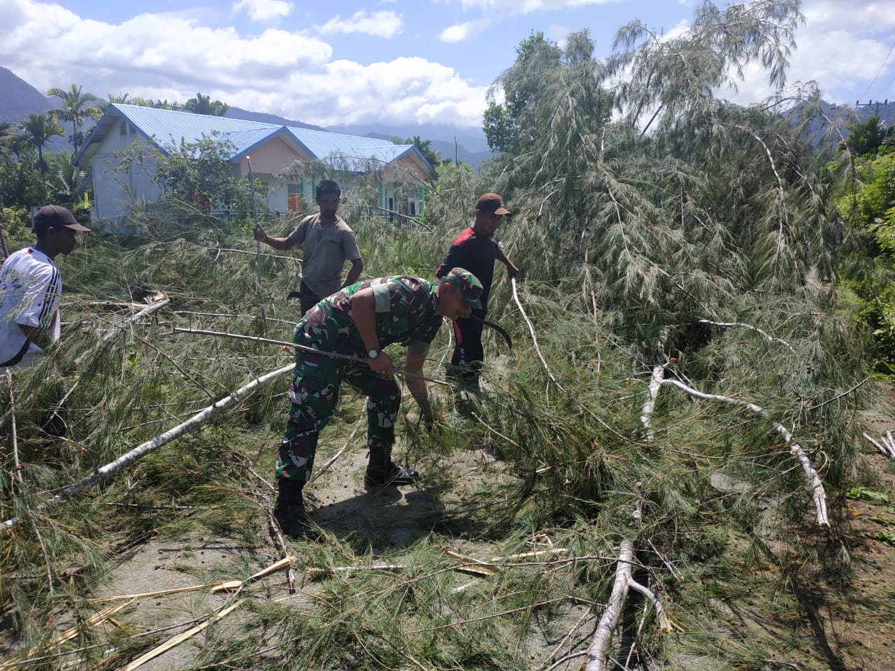 Antisipasi Gangguan Listrik, Babinsa dan Warga Bantu PLN Bersihkan Pohon