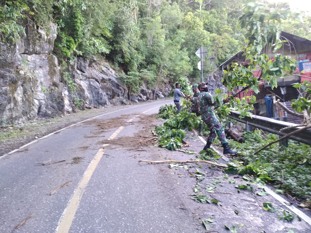 Anggota TNI dari Koramil Lamno Bersihkan Pohon Tumbang di Gunung Geurute
