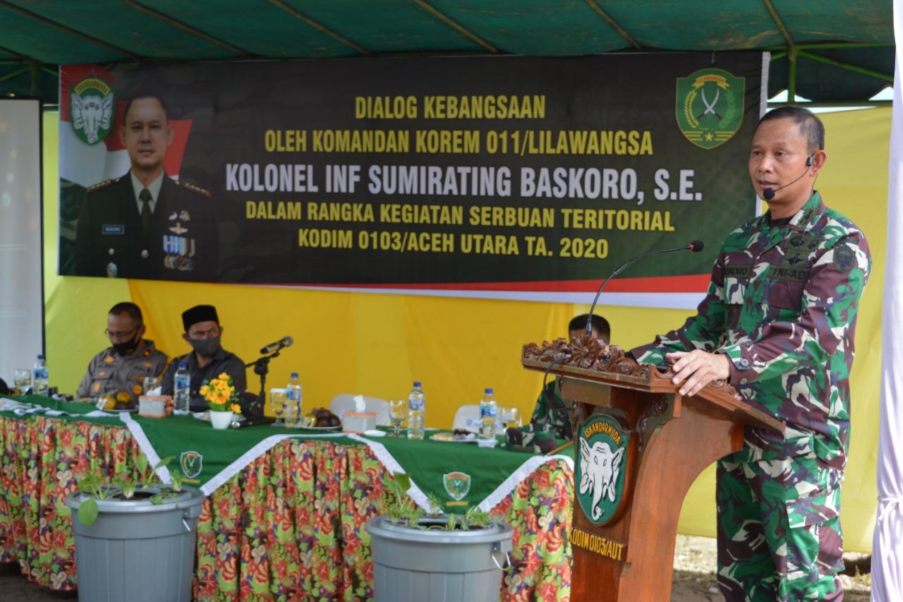 Danrem 011/LW Tinjau Lokasi Serbuan Teritorial Kodim 0103/Aut dan Berikan Materi Dialog Kebangsaan Kepada Warga Desa Tanjung Dalam