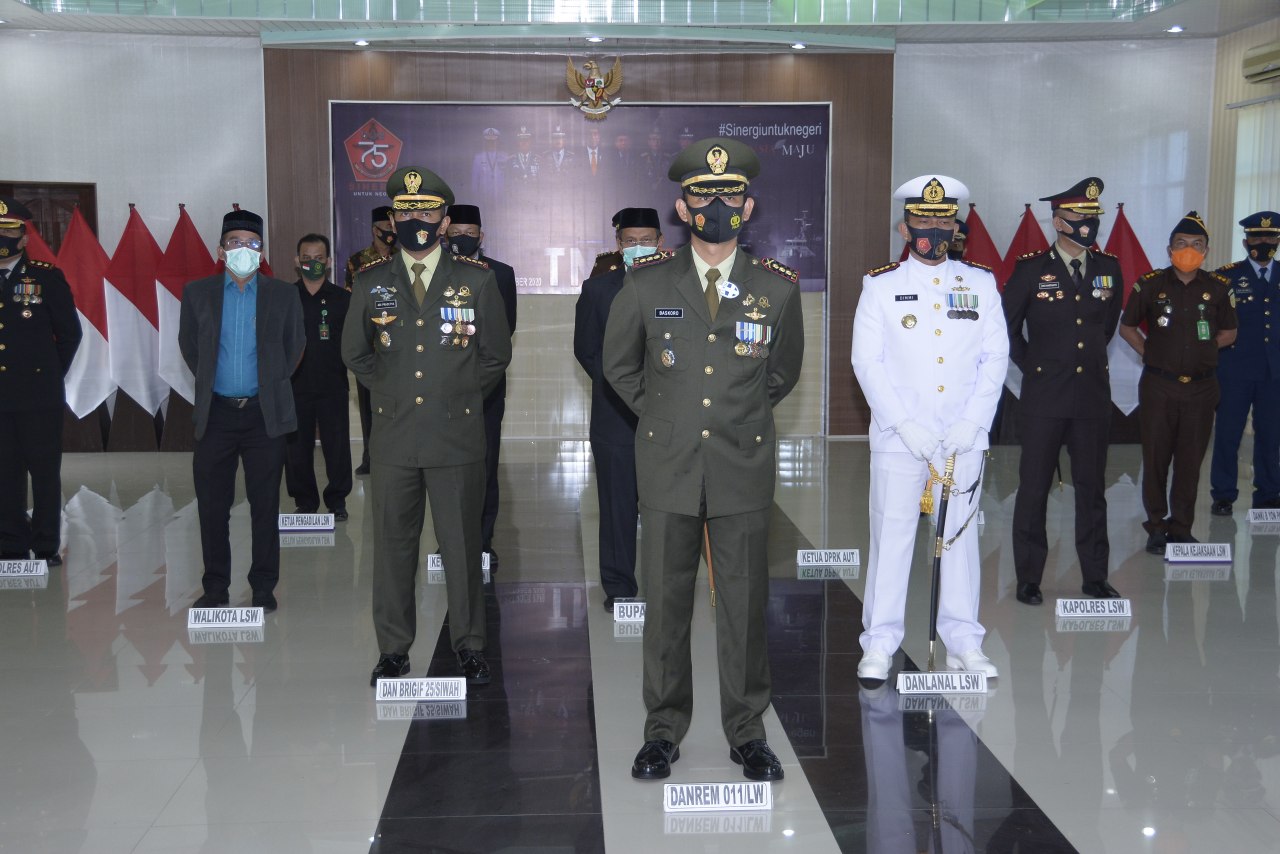 Digelar Virtual, Danrem 011/LW Bersama Forkopimda Ikuti upacara Peringatan HUT Ke-75 TNI dengan Presiden sebagai Irup