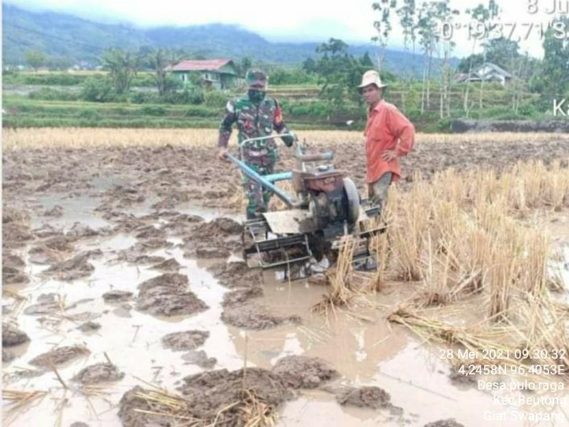 Dengan Penuh Semangat Babinsa terjun langsung Bantu Petani Bajak Sawah