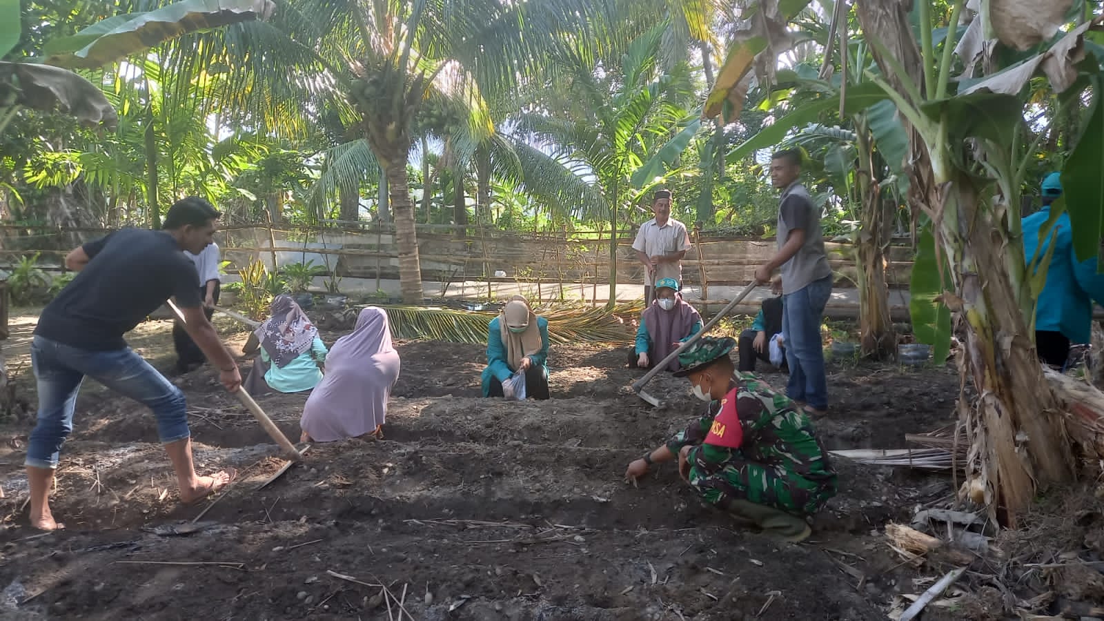 Pemanfaatan Lahan Kosong, Babinsa Koramil 10/Labar Bersama Pemdes Ujung Padang dan Mahasiswa KKN Tanam Sayur