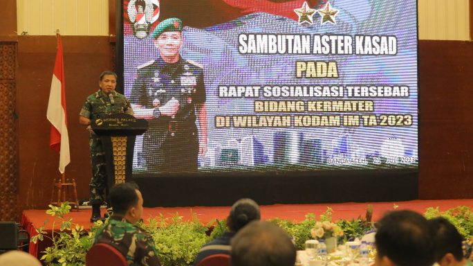 Mewakili Pangdam IM, Aster Kasdam IM menghadiri Rapat Sosialisasi Tersebar Bidang Kermater Kodam Iskandar Muda TA 2023.