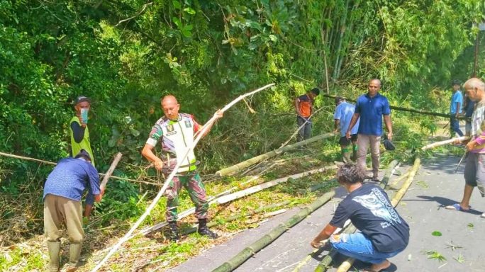 Gotong Royong Bersama:Babinsa dan Warga Desa Lhok Lubu Membersihkan Semak Belukar dan Rumpun Bambu