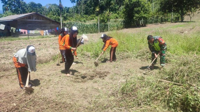 Babinsa Bersama Mahasiswa KKN Gotong Royong Bersihkan Lahan Warga