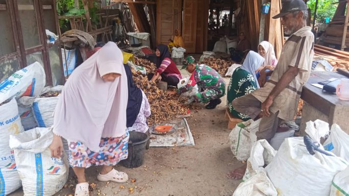 Babinsa Koramil 03/Rts Membantu Warga dalam Perontokan Buah Kelapa Sawit di Desa Bayeu