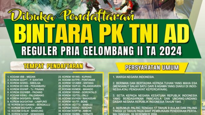Kodam Iskandar Muda Buka Rekrutmen Bintara TNI AD Gelombang 2 Tahun 2024.