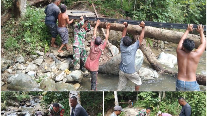Masyarakat dan Prajurit Kodam IM gotong royong perbaiki jembatan Ds. Deleng Dalam, Kec. Ketambe, Kab. Agara.