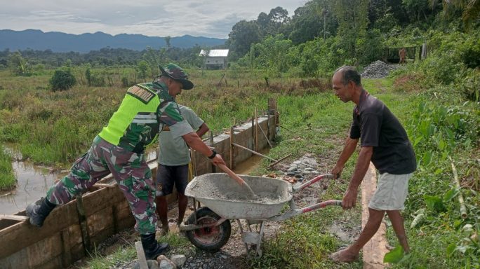 Kepedulian Babinsa Bersama Warga Kerja Bhakti Bagun Saluran Irigasi Sawah Di Desa Binaan
