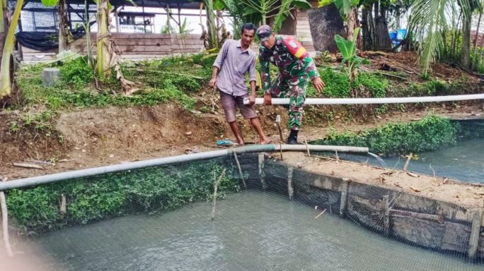 Dukung Program Ketahanan Pangan, Babinsa Gampong Lamsiteh Cot Terjun Langsung ke Peternakan Ikan