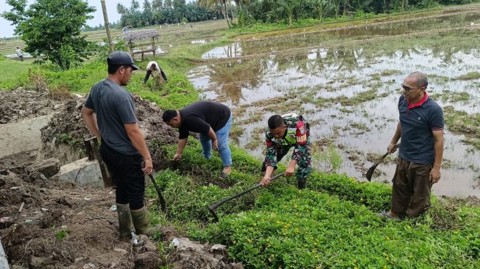 Semangat Gotong Royong: TNI dan Masyarakat Kompak Atasi Rumput Liar yang Tutupi Saluran Irigasi