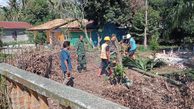 Antisipasi Aliran Listrik, Babinsa Koramil 0108-02/Bambel Bersama Petugas PLN Bersihkan Pohon