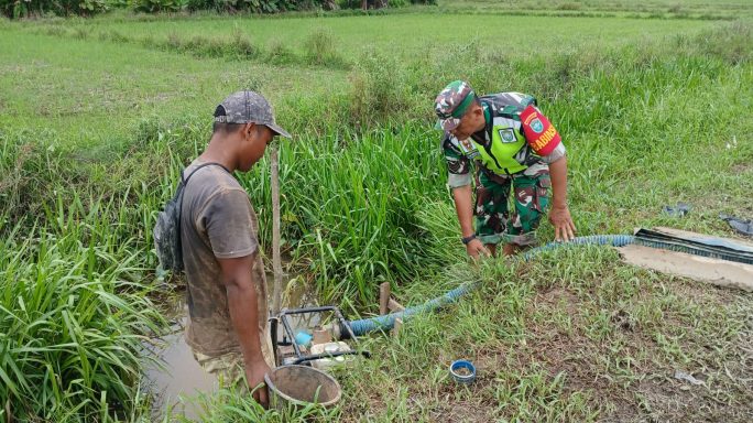 Melalui Mesin Pompa Air, Babinsa Jamur Jelatang Bantu Petani Mengairi Sawah