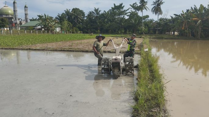 Babinsa Koramil 09/Banda Mulia Bantu Petani Bajak Sawah Dengan Menggunakan Hand Traktor