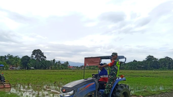 Babinsa Koramil 02/Seunagan Dampingi Petani Bajak Sawah Di Desa Binaan