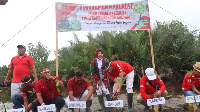 Lestarikan Alam Dan Hijaukan Pantai, Keluarga Besar Kodim 0105/Abar Tanam 800 Batang Bibit Mangrove Di Pantai Suak Timah